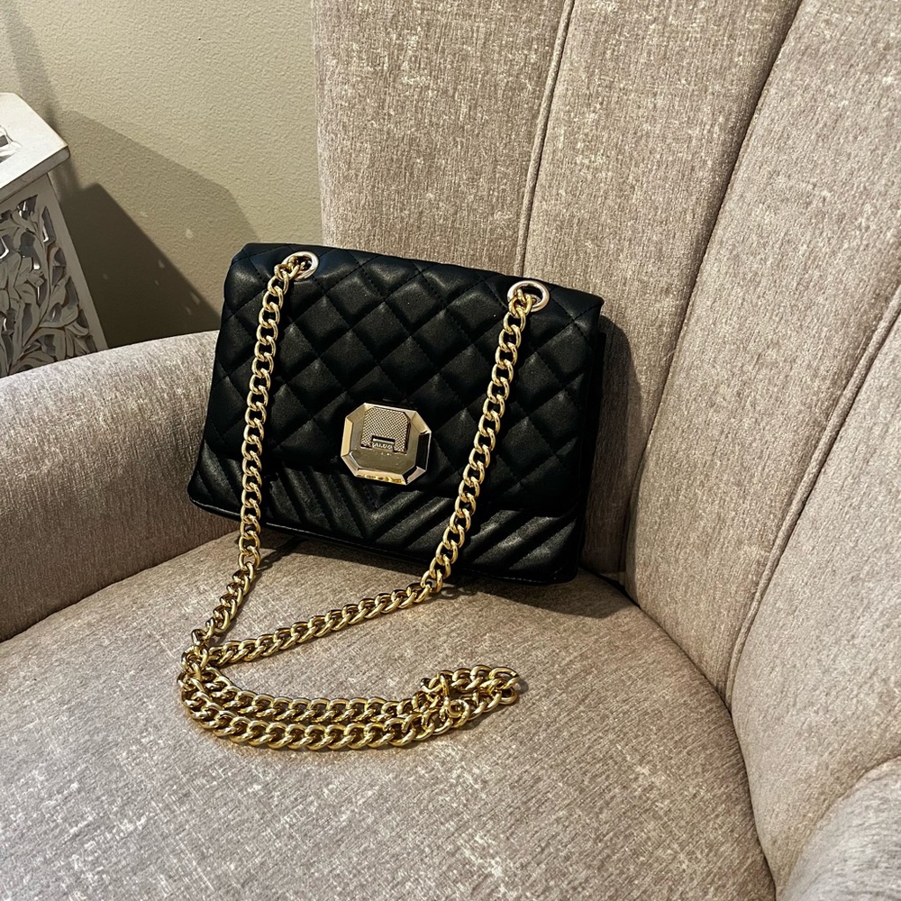 Aldo Menifee Black Quilted Crossbody HandBag with Double Gold Chain Strap